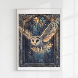 May include: Framed art print depicting a barn owl in flight. The owl is rendered with detailed white and brown feathers, wings outstretched. The background features a gothic window with blue and gold tones, creating a mystical scene.