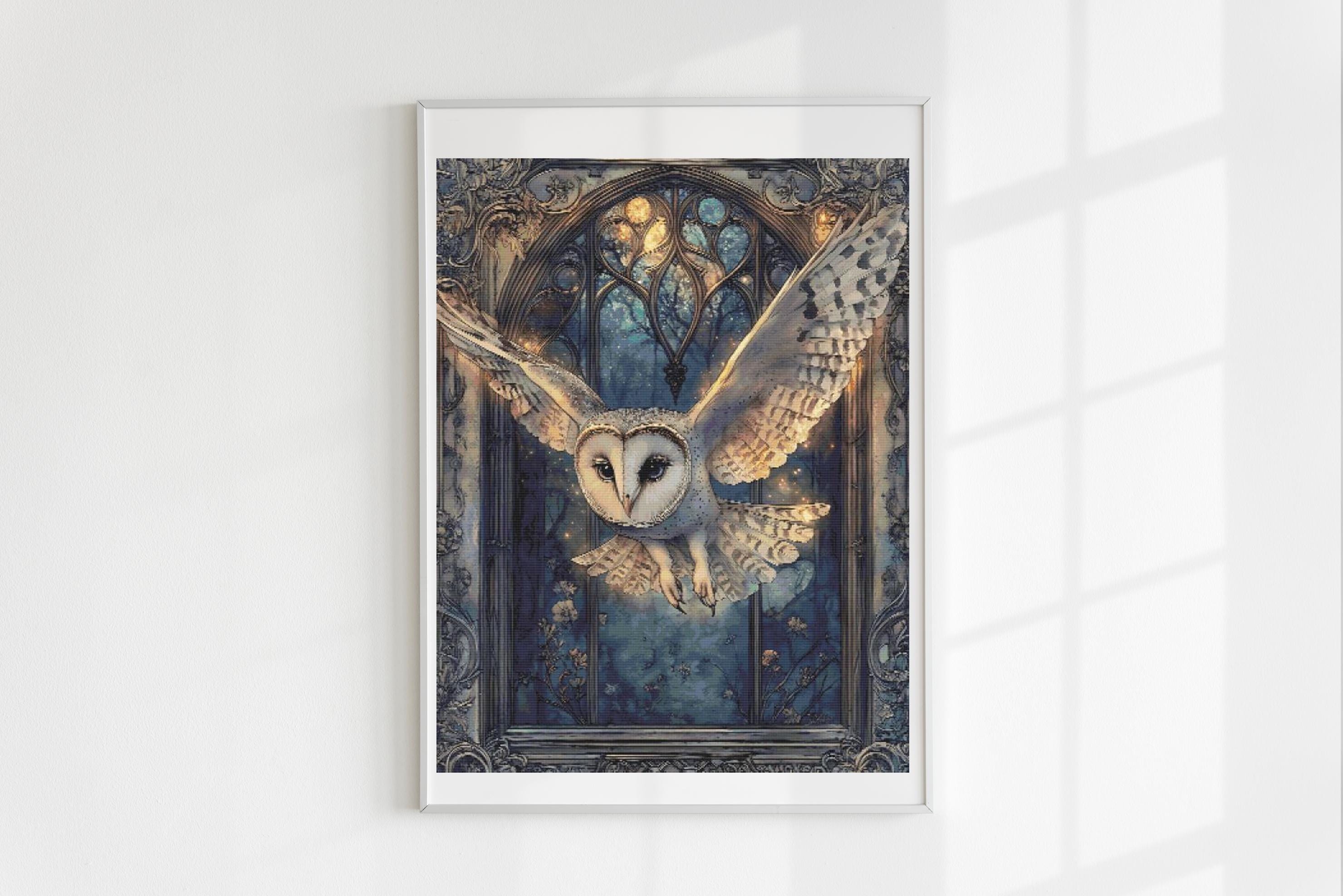 Flying owl cross stitch pattern full coverage PDF