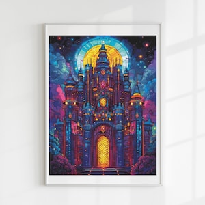 May include: A digital illustration of a dark blue castle with a glowing yellow door and a starry night sky. The castle has many towers and windows, and the door is surrounded by a stone archway.