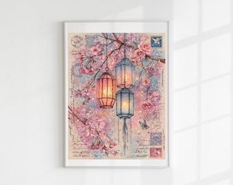 Cherry blossom lanterns cross stitch pattern full coverage PDF