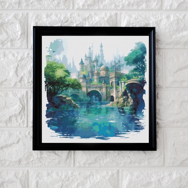 Water colour castle cross stitch pattern PDF