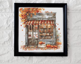 Pumpkin bookshop cross stitch pattern PDF