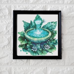May include: A framed watercolor print of a fountain with water cascading into a turquoise pool. The fountain is surrounded by lush green foliage and white flowers. The artwork is set against a white background.