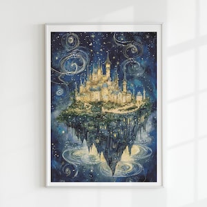 Peut inclure: Peinture à l'aquarelle d'un château flottant avec un fond céleste. Le château est éclairé d'une lumière chaude, sur fond de ciel bleu foncé parsemé d'étoiles et de nébuleuses tourbillonnantes. L'œuvre est encadrée.