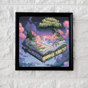 May include: A framed art print depicts a fantasy scene of an open book floating in the sky. The book's pages reveal a landscape with a tree, water, and colorful clouds. The artwork is framed in a black square frame and hangs on a white brick wall.