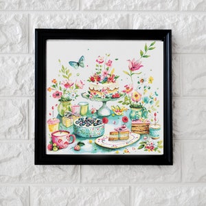 May include: A framed cross-stitch embroidery featuring a whimsical tea party scene with a cake, pastries, and flowers in a colorful, floral style.