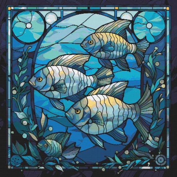 青い魚のステンドグラスのクロスステッチパターンの完全なPDF - Etsy 日本