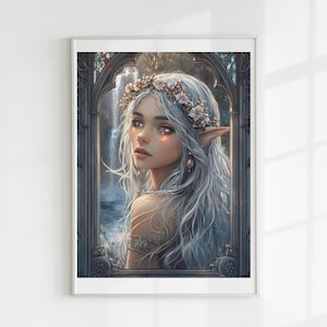 Può includere: Stampa artistica incorniciata con un ritratto fantasy di una donna con lunghi capelli argentati e orecchie a punta. Indossa una corona di fiori e orecchini. L'opera d'arte è ambientata sullo sfondo di una cascata e di dettagli architettonici ornati.