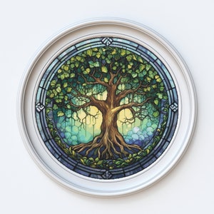 May include: A circular stained glass design featuring a stylized tree of life with green leaves, brown branches, and a thick, brown trunk. The tree is surrounded by a blue and green background with a decorative border.