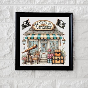 May include: A watercolour illustration of a shop named "Pirate's Cove Antiques". The image features a telescope, pirate flags, and antique chests. The shop has a blue and white striped awning and a black frame.