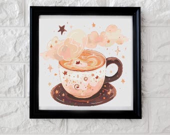 May include: A white ceramic coffee mug with a swirling brown liquid inside. The mug is decorated with stars and planets. A fluffy white cloud is above the mug, with stars and sparkles around it.