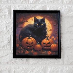 May include: A black cat sits in front of a full moon with three jack-o'-lantern pumpkins in front of it. The background is a dark forest with leaves and bats.