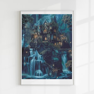 Può includere: Stampa incorniciata di un paesaggio fantasy con un castello dettagliato e illuminato, immerso tra cascate e un rigoglioso fogliame verde scuro. L'opera d'arte ha un tema mistico e fiabesco, con una palette di colori freddi dominata da blu e verdi.