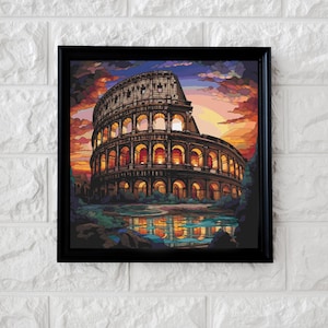 Puede incluir: Una pintura del Coliseo en Roma, Italia, al atardecer. El Coliseo es un gran anfiteatro antiguo hecho de piedra. La pintura está hecha en un estilo realista, con un enfoque en los detalles de la arquitectura del Coliseo.