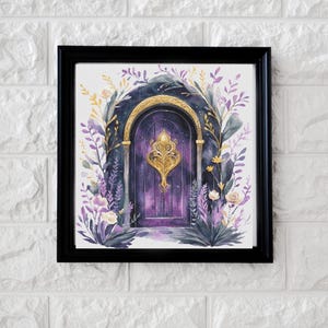 May include: Framed watercolour print of a purple door with gold detailing. The door is set within a gold arch, surrounded by purple, green, and yellow floral elements. The artwork is set against a white background.