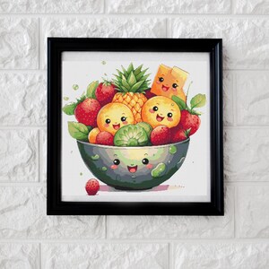 May include: A colourful fruit salad with a smiling bowl, featuring pineapple, kiwi, strawberries, and orange slices. The fruit is arranged in a bowl with a smiling face.