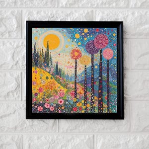 May include: A colorful landscape painting in a black frame. The artwork depicts a vibrant scene with a yellow sun, tall trees, and a field of flowers. The color palette includes yellow, blue, pink, and purple.
