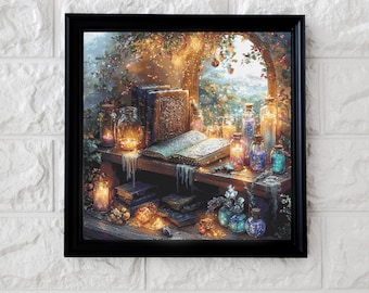 Può includere: Stampa incorniciata di una scena mistica con un libro aperto, candele e bottiglie di pozioni su un tavolo di legno. L'opera d'arte ha una calda tavolozza di colori con un'illuminazione soffusa e un'atmosfera magica. La cornice è nera.