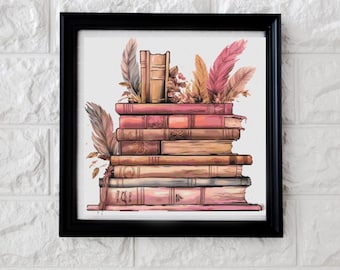 May include: A stack of vintage books with worn spines and faded covers, decorated with delicate feathers and dried flowers. The books are arranged in a pyramid shape, with the largest book at the bottom and the smallest book at the top. The books are a mix of colors, including brown, red, and cream.