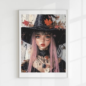 Könnte beinhalten: Gerahmtes Porträt einer Frau mit rosa Haaren, die einen schwarzen Hexenhut mit Herbstblättern trägt. Sie hat einen schwarzen Halsband und eine Halskette. Der Hintergrund hat ein Vintage-Aussehen mit Textur.