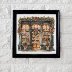 May include: A painting depicting a shopfront decorated for the festive season. The shopfront features a green door with a wreath and a window display filled with books. The shopfront is adorned with greenery and red bows.