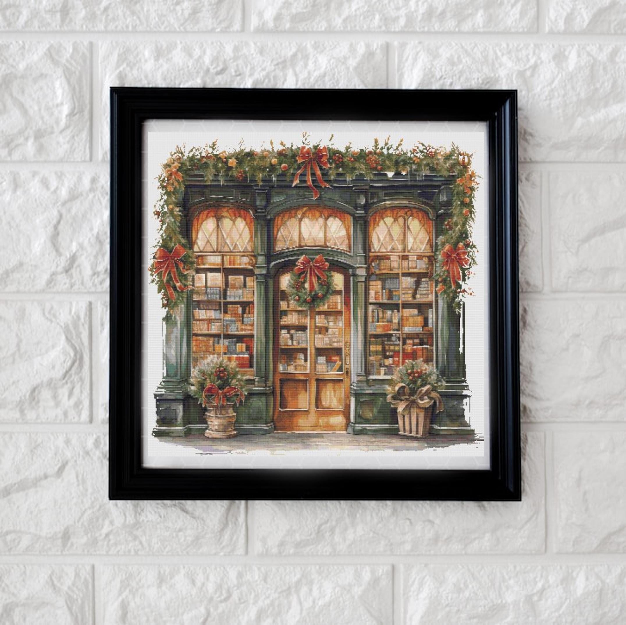 Green Christmas book shop cross stitch pattern PDF