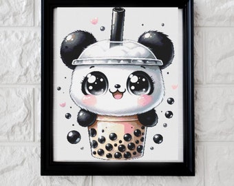 Panda boba tea cross stitch pattern PDF