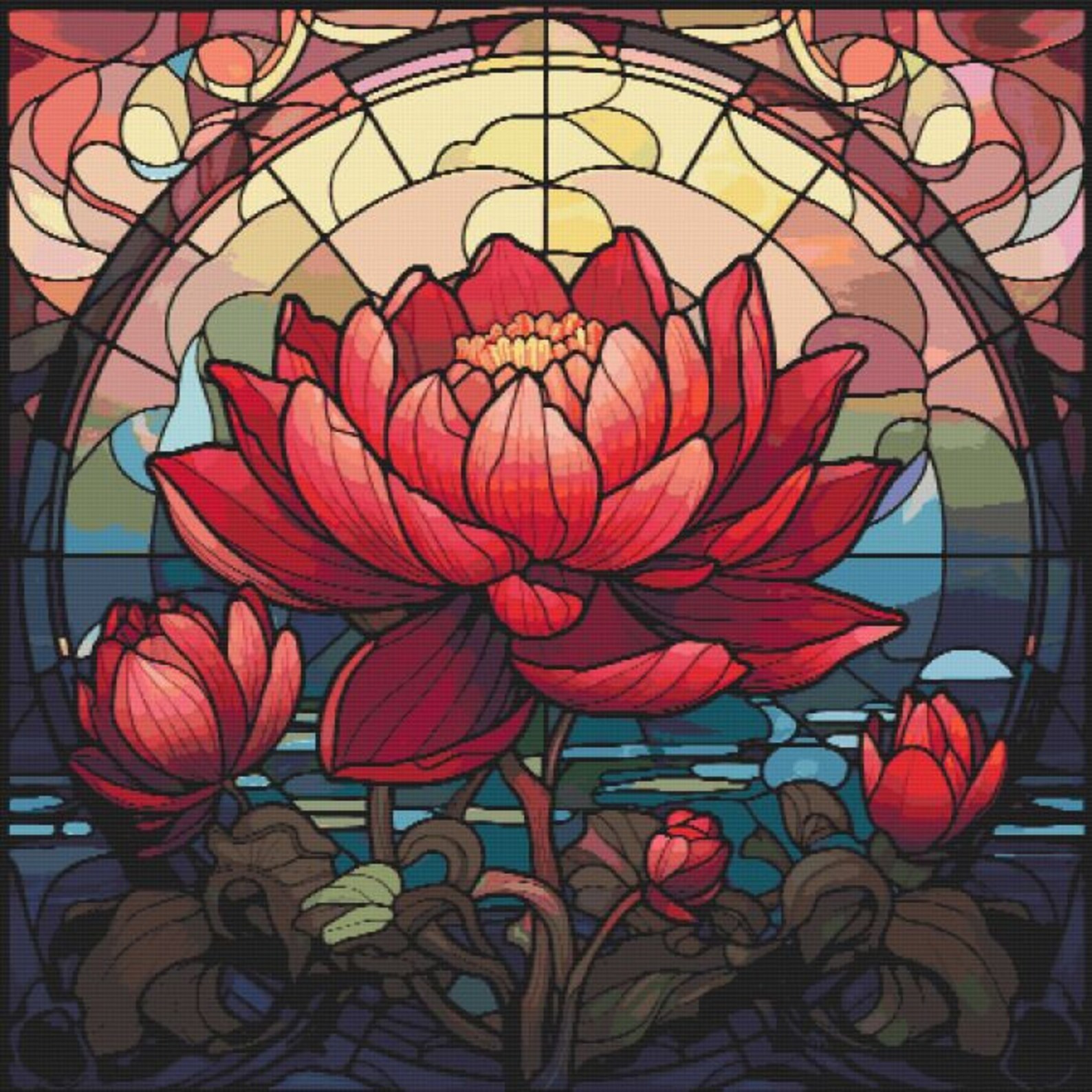 Red Lotus Flower Cross Stich Pattern Full Coverage PDF - Etsy
