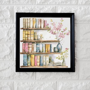 May include: Watercolour painting of a bookshelf with three wooden shelves filled with books of various colours. A vase with pink flowers and a blue vase with a small cup are on the shelves. The artwork is framed in a black frame.