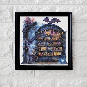 May include: Framed print of a fantasy bookshelf scene. The artwork shows a dark blue bookshelf filled with books, lit by warm lights. A purple dragon and a bat are perched on the structure, with a starry night sky backdrop.