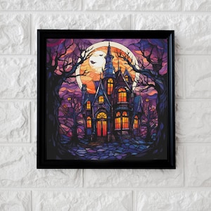 Stained glass haunted house cross stitch pattern full coverage PDF