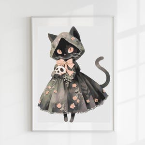 May include: A black cat wearing a hooded dress with floral details and holding a small skull. The cat has a pink bow and large, expressive eyes.
