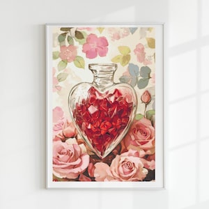May include: A framed print featuring a heart-shaped glass bottle filled with red gems, set against a backdrop of pink roses and floral patterns. The artwork evokes a romantic theme, with soft colors and delicate details.