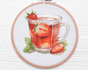 Strawberry tea cross stitch pattern PDF