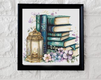 May include: A stack of vintage, teal-colored books with gold accents, adorned with delicate purple and white flowers, and a gold lantern with a lit candle.