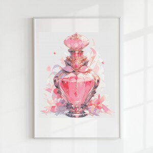 May include: A pink and gold ornate bottle with a heart-shaped base and a detailed stopper. The bottle is surrounded by pink and white flowers.