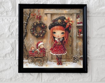 May include: A framed print featuring a whimsical Christmas scene. A young girl in a red dress and hat pulls a wagon with dolls. A wreath and decorations adorn the wooden door. The artwork has a winter theme with snow.