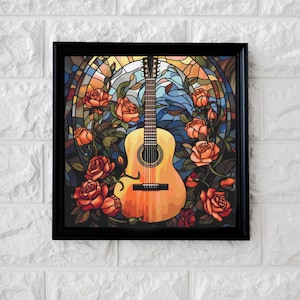 May include: A framed painting of a stained glass style image of a guitar with roses. The guitar is brown and yellow with a light wood grain. The roses are red and orange.