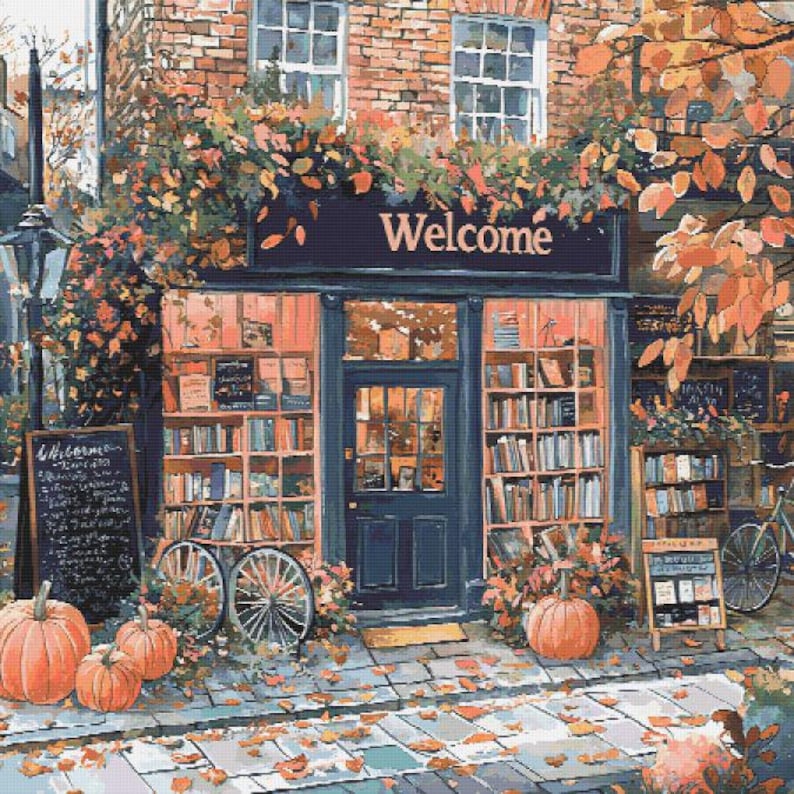 Autumn Bookshop Cross Stitch Pattern Full Coverage PDF - Etsy