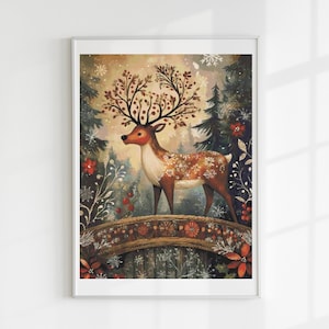 Peut inclure: Une peinture d'un cerf avec des bois faits de branches et de feuilles debout sur un pont dans une forêt enneigée. Le cerf est brun et blanc avec un nez rouge et a un aspect fantaisiste.