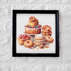 May include: A watercolor painting of a variety of pastries, including a cake with white frosting and berries, a ring donut, and several other pastries. The pastries are arranged on a white surface with a light brown background.