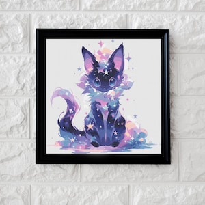 Peut inclure: Un chat noir avec un motif étoilé ressemblant à une galaxie, entouré d'un fond nuageux rose et violet. Le chat a de grands yeux bleus et une queue touffue.