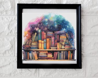 May include: A framed print featuring a watercolor illustration of a bookshelf filled with books. The background is a colorful depiction of a galaxy with stars. The books are in various colors, and the frame is black.
