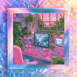 May include: A digital illustration of a workspace featuring a computer monitor, a keyboard, and a retro-style computer tower. The desk is surrounded by various green potted plants, and a large window shows a pink sunset sky in the background.