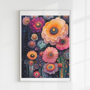 May include: A colorful abstract painting of flowers in shades of pink, orange, yellow, blue, and green. The flowers are arranged in a cluster and appear to be blooming against a dark background.