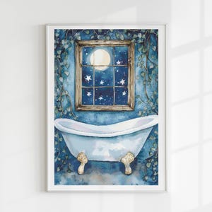 May include: Watercolor print of a bathroom scene. A blue clawfoot bathtub is centered below a window with a night sky view. The window shows a full moon and stars. Green vines frame the window and the tub.