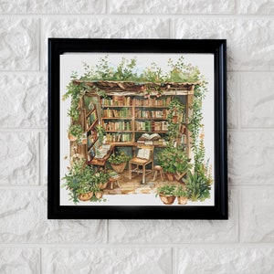 Peut inclure: Une illustration encadrée d'une petite librairie confortable avec des étagères remplies de livres. La librairie est entourée d'une végétation luxuriante et possède une porte en bois et une fenêtre. Il y a une chaise et une table à l'intérieur de la librairie.