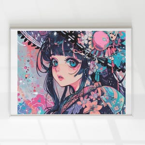 May include: A framed anime-style illustration of a woman with large blue eyes and dark hair. The artwork features a colorful palette of pink, teal, and purple hues, with floral and geometric patterns. The woman is wearing a kimono.