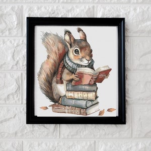 May include: A brown squirrel wearing a red and blue scarf sits on a stack of books and reads a book. The squirrel is looking at the book. The book is open and the pages are visible. There are some fallen leaves on the ground.