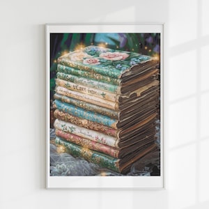 May include: A framed print showing a stack of old books with floral and patterned covers in green, blue, and pink. The pages are aged and worn. The top book has pink roses. The background is a soft, blurred green.